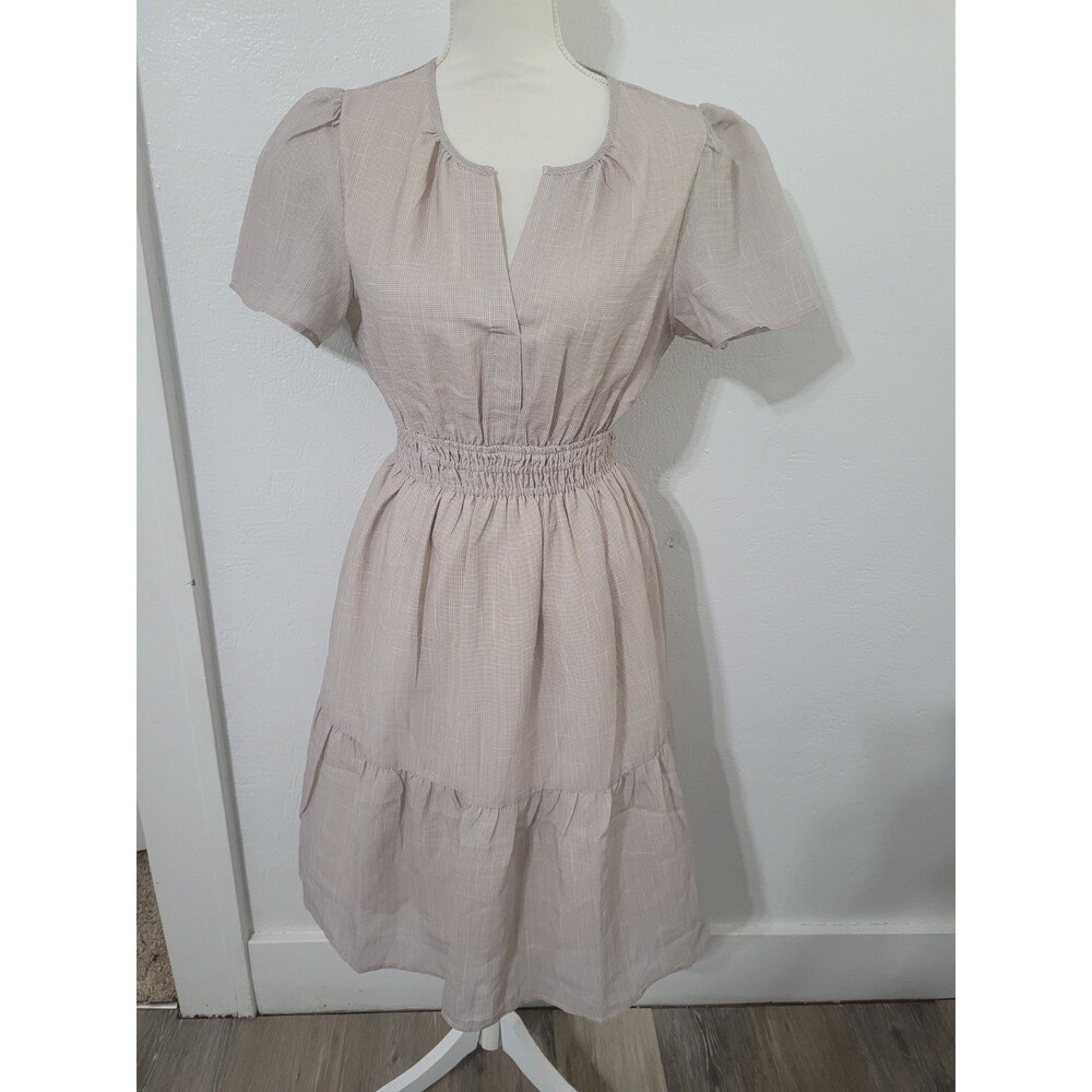 NWT Baltic Born Dita Short Dress Size Medium Beige Grid Print Fit and Flare Midi